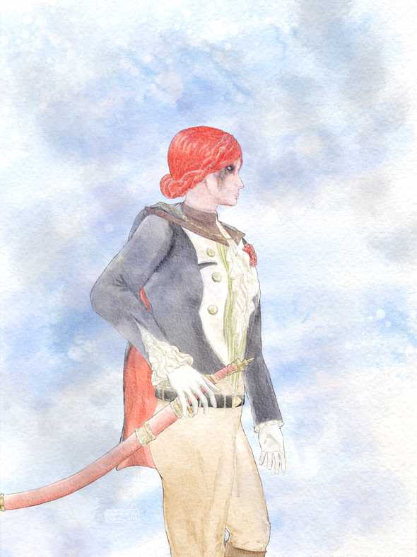 a woman in fancy clothes with a rapier looking off to the right