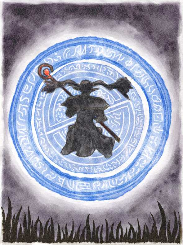 a levitating wizard backlit by a circle