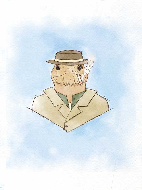 a bearded dragon in detective garb
