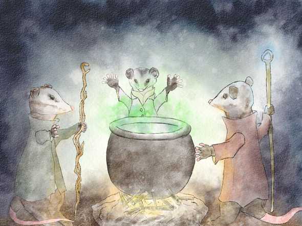 possums performing a ritual around a cauldron